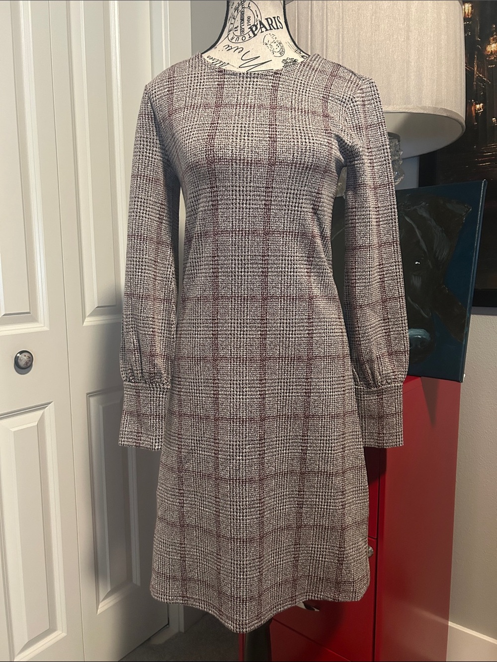 NWOT Classic Plaid Long-Sleeve A-Line Dress in Gray and Burgundy